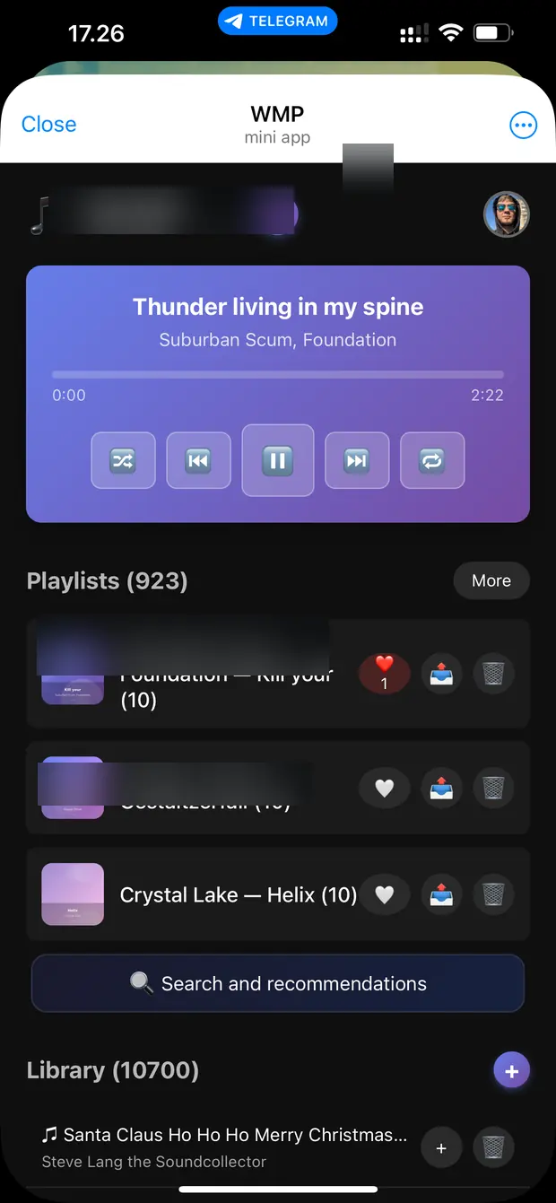 Главный экран WMP Mini App с плеером и плейлистами